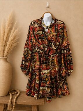 Lavender J - Bohemian Print Tie-Waist Mini Dress in Black Multi